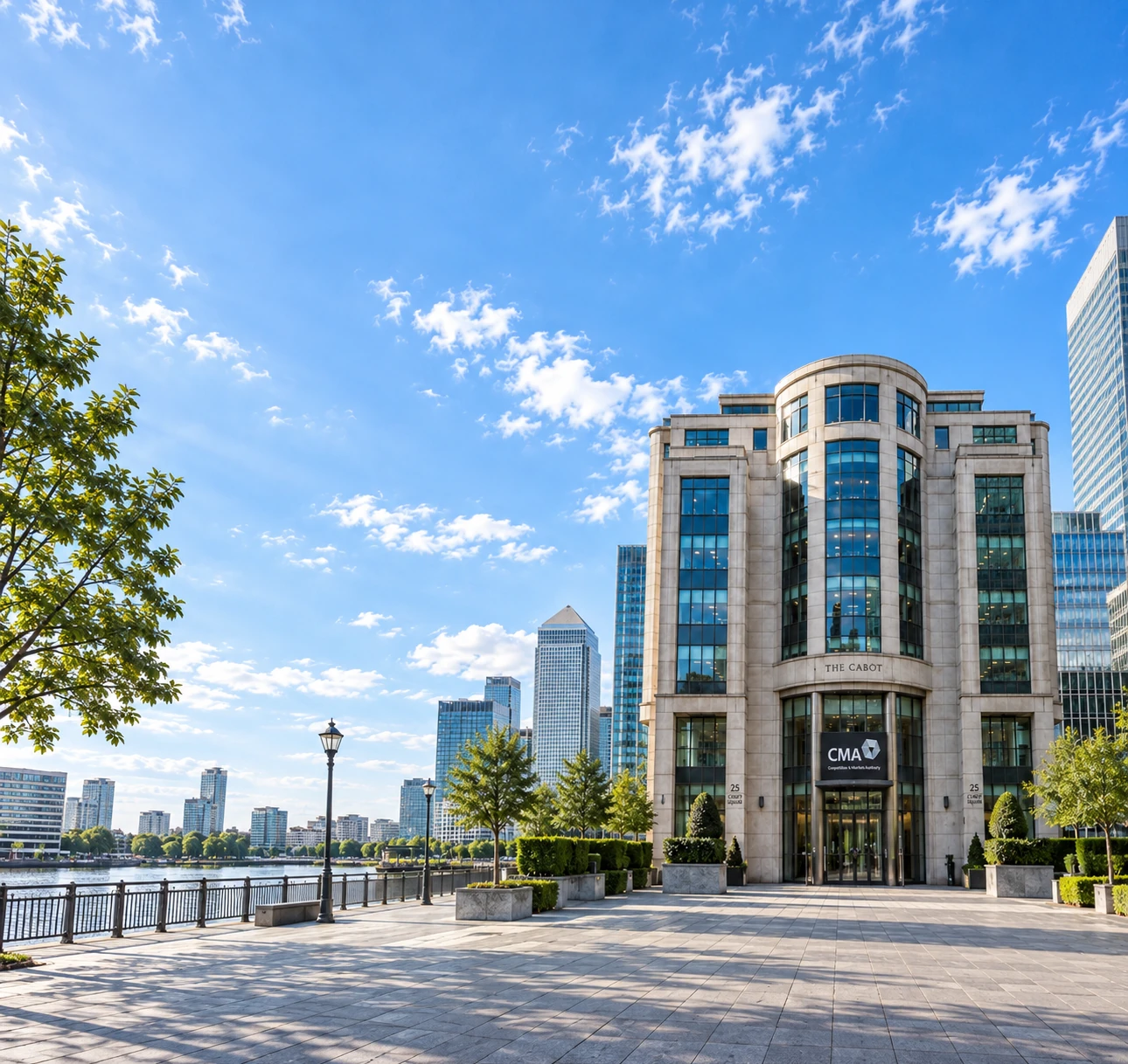 The Cabot at 25 Cabot Square in London's Canary Wharf, home to the UK Competition and Markets Authority, one of the regulatory bodies whose committee and hearing activity Matterwire tracks for timing signals.