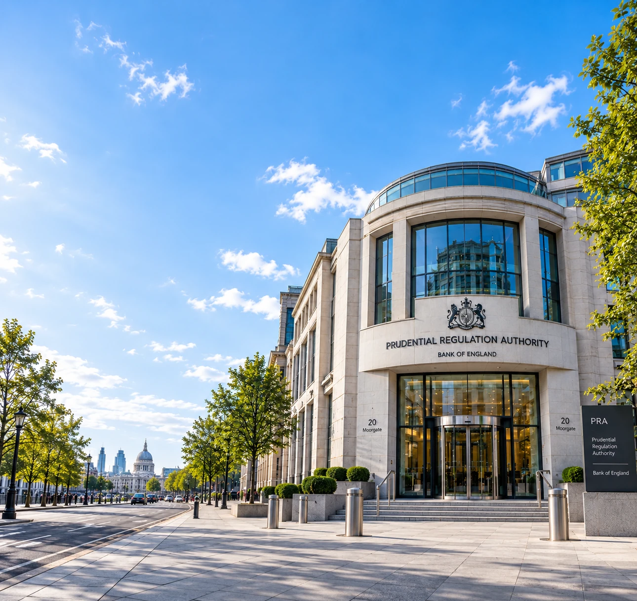 The Bank of England's Prudential Regulation Authority building at 20 Moorgate in London, representing the regulatory scrutiny a defensible audit trail is built to withstand.