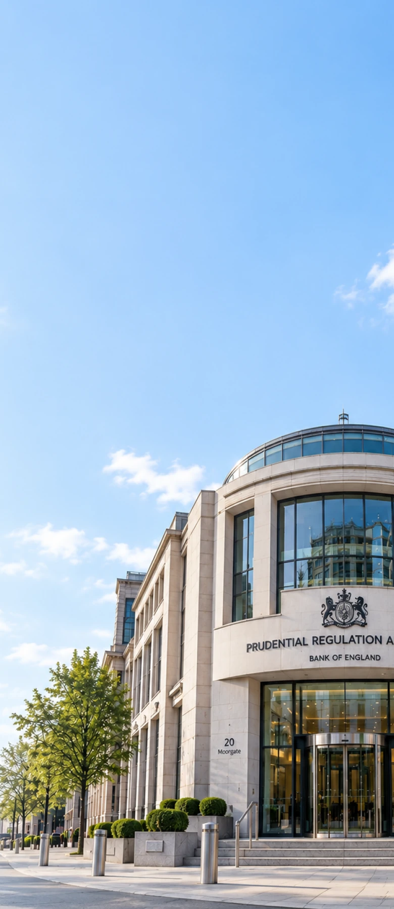 The Bank of England's Prudential Regulation Authority building at 20 Moorgate in London, representing the regulatory scrutiny a defensible audit trail is built to withstand.