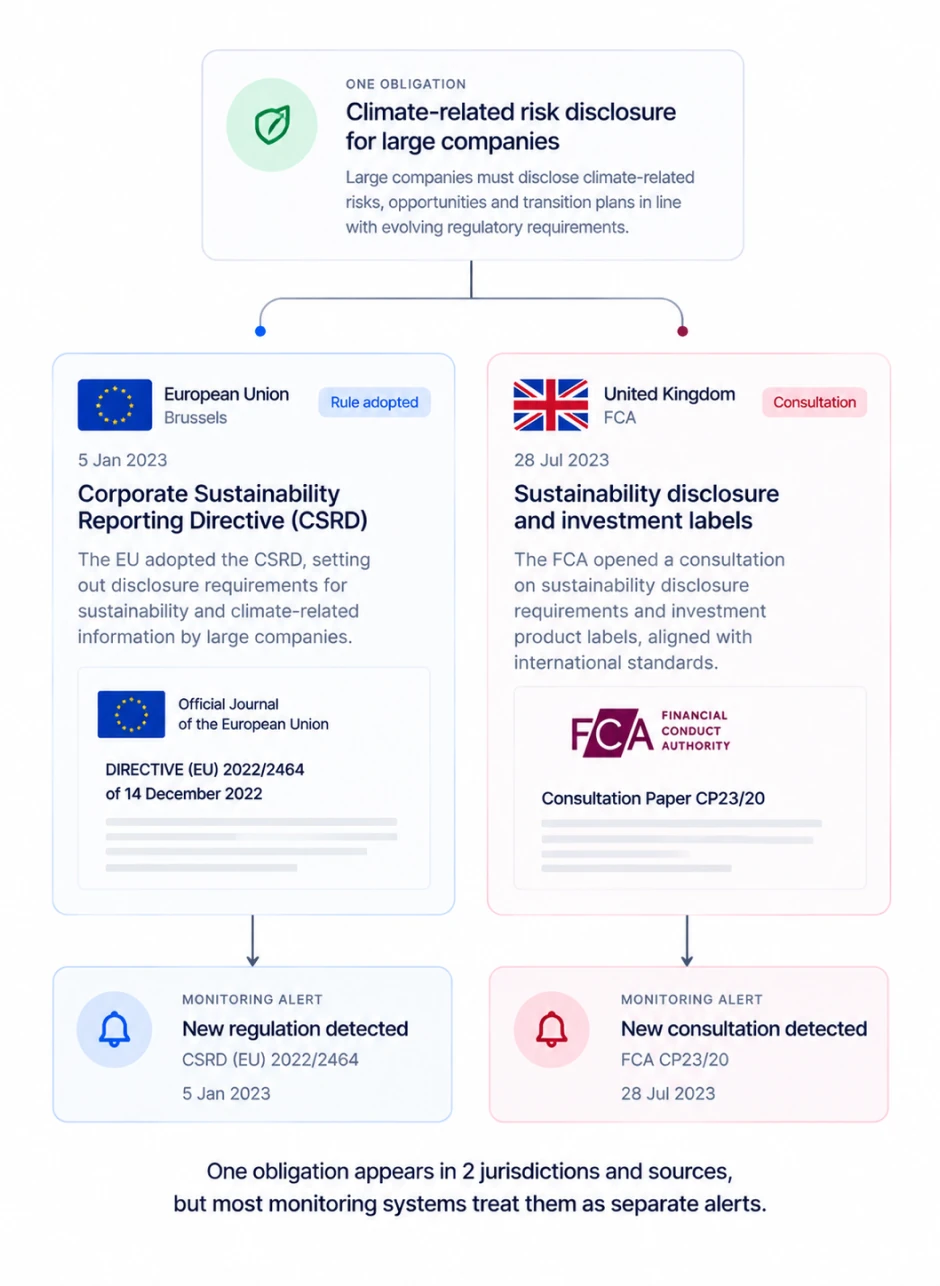 One climate-related risk disclosure obligation appearing as two separate monitoring alerts, an EU rule adopted in Brussels and a UK FCA consultation, both flowing from the same underlying requirement.