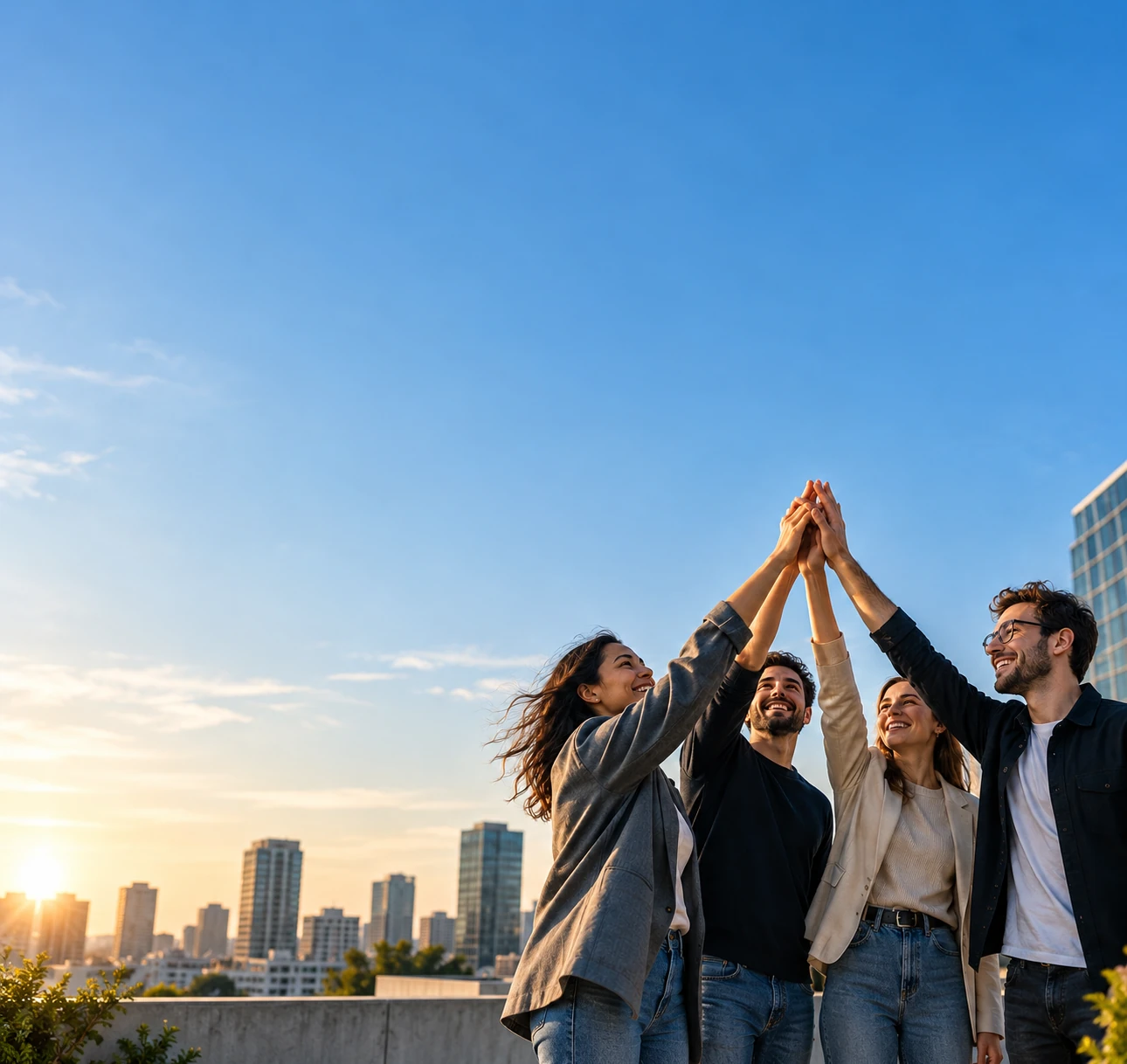 A team celebrating with a group high-five on a rooftop, representing the people behind Matterwire.