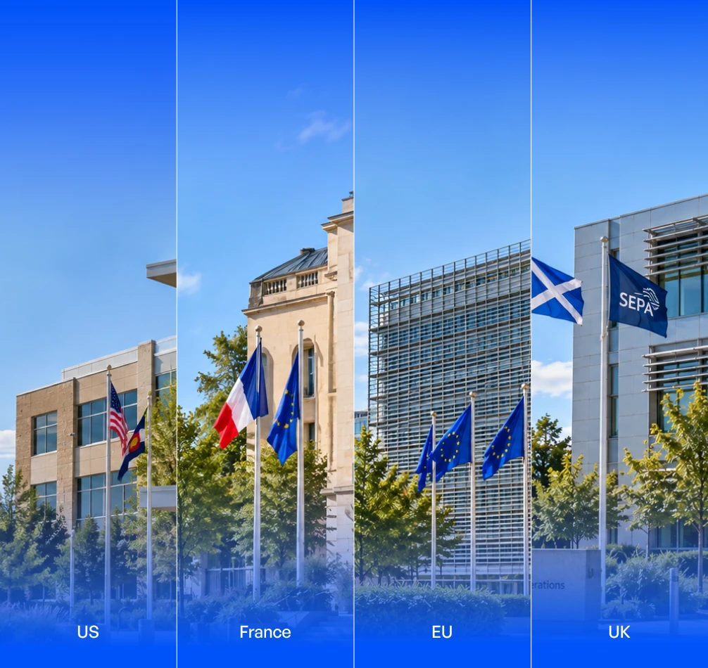 Four government buildings representing the United States, France, the European Union and the United Kingdom, the jurisdictions Matterwire covers.