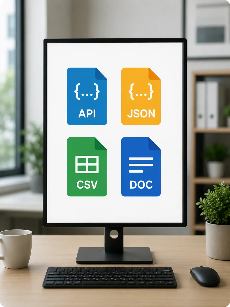 Delivery formats on screen: API, JSON, CSV and document exports
