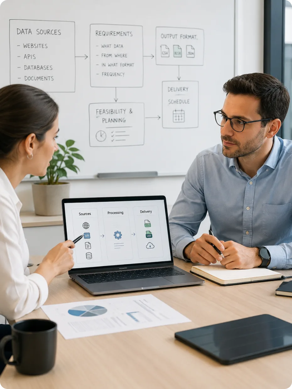 Two analysts scoping which sources to watch and how often, against a whiteboard of data sources and delivery schedule