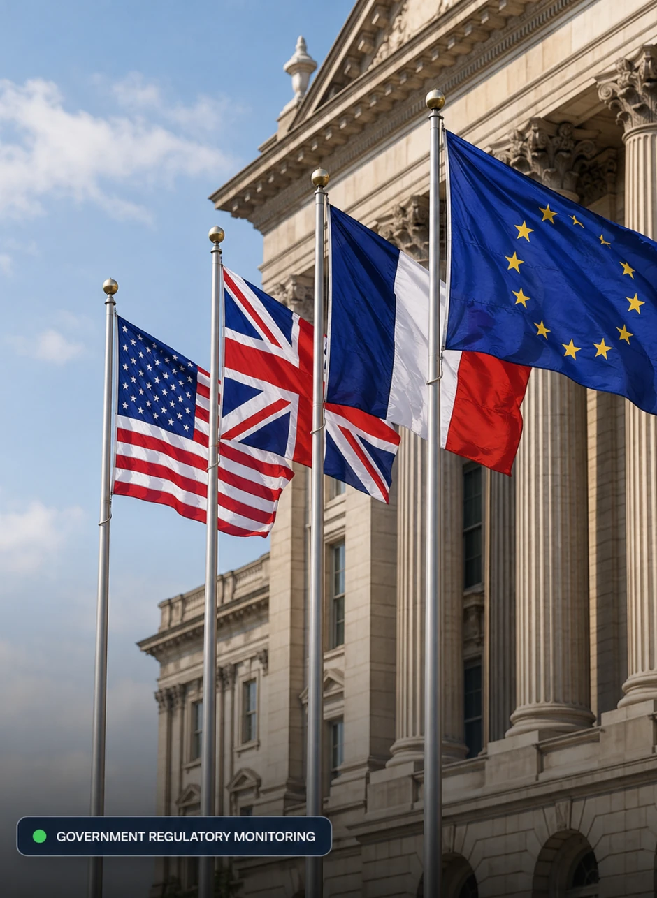 US, UK and EU flags outside a government building, captioned "Government regulatory monitoring."