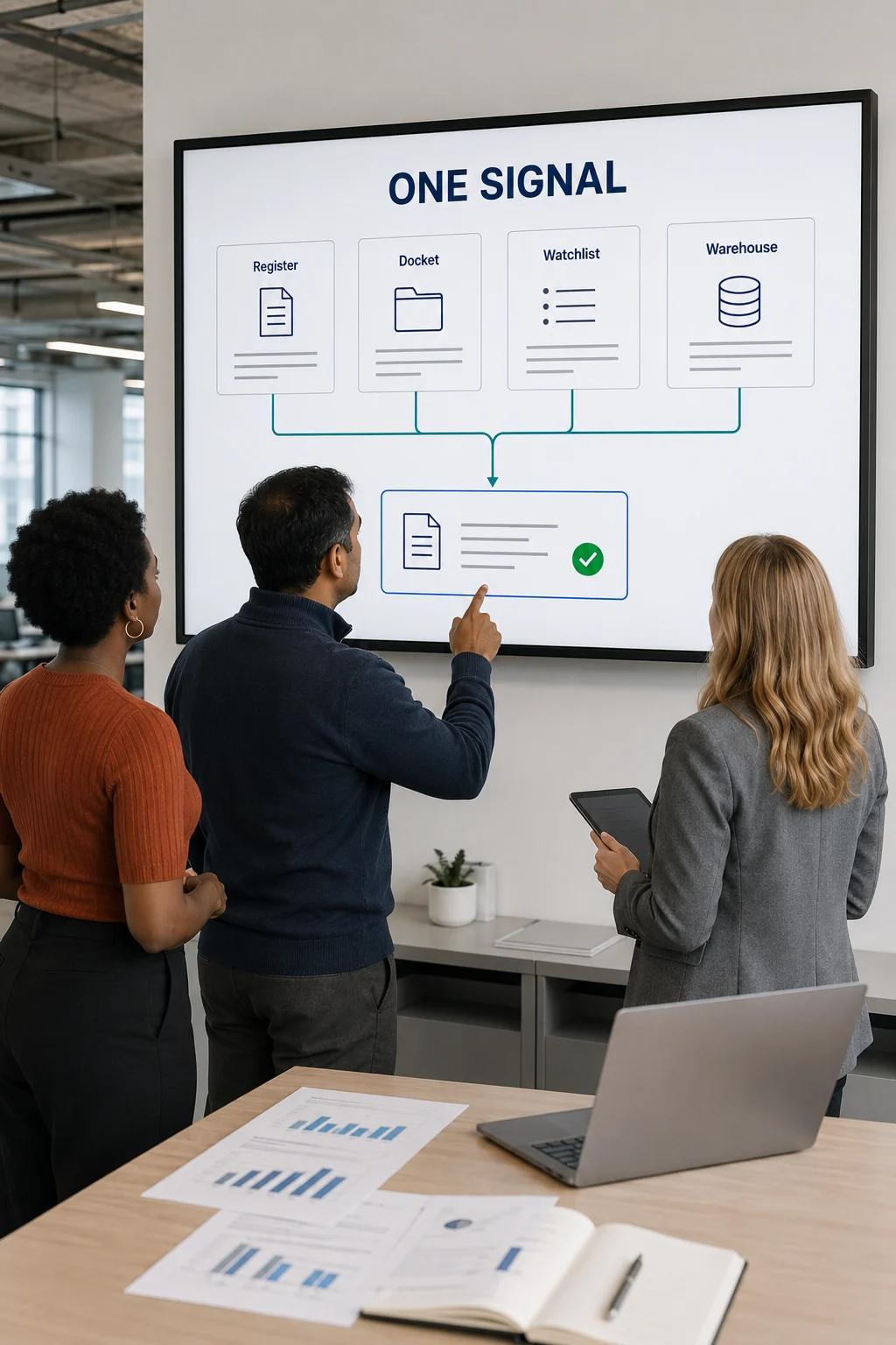Three colleagues at a diagram where a register, a docket, a watchlist and a warehouse converge into one verified record