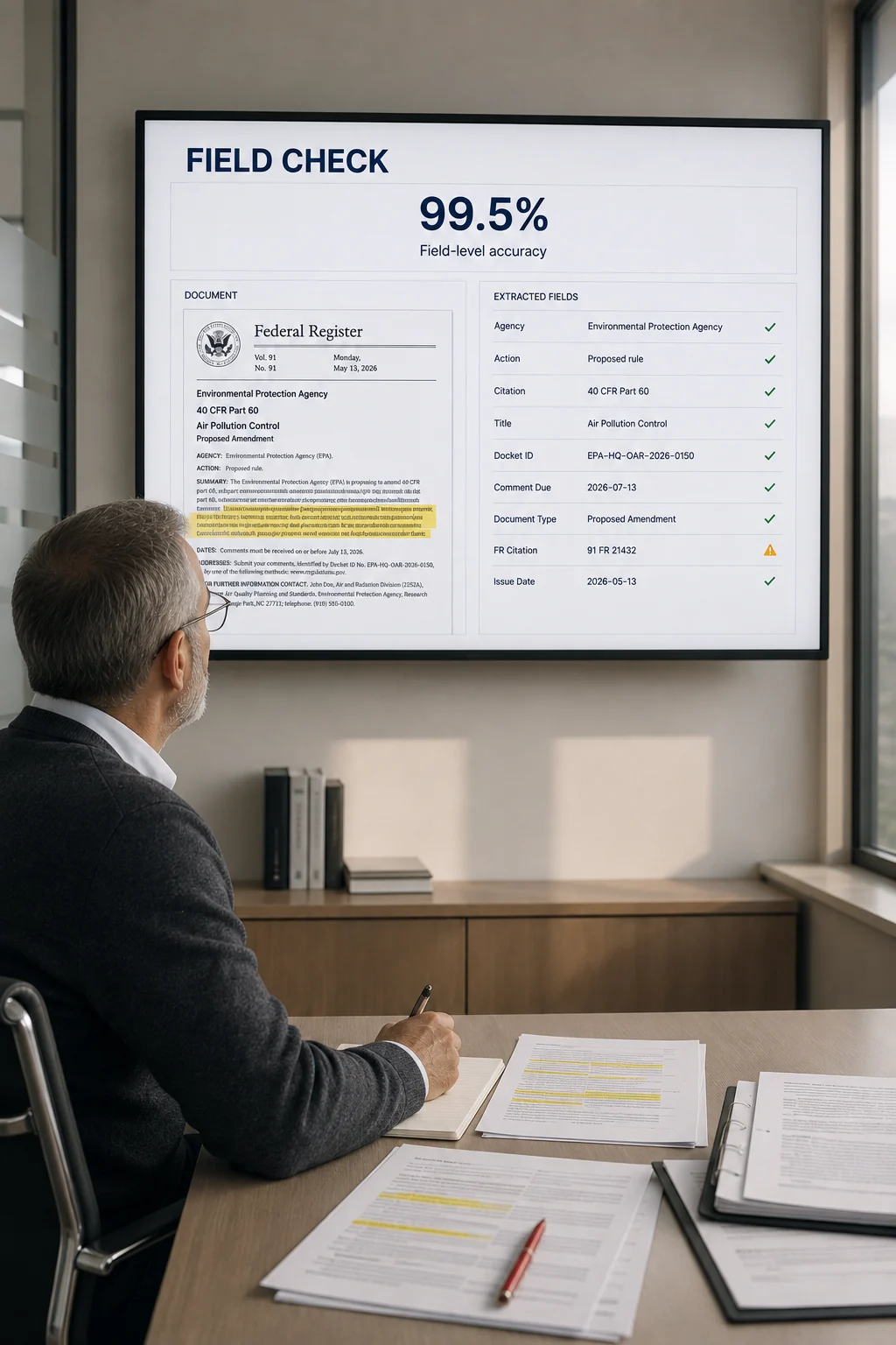 A verifier comparing a Federal Register page against its extracted fields on screen, every field ticked except one flagged for review, above a desk of marked-up printouts