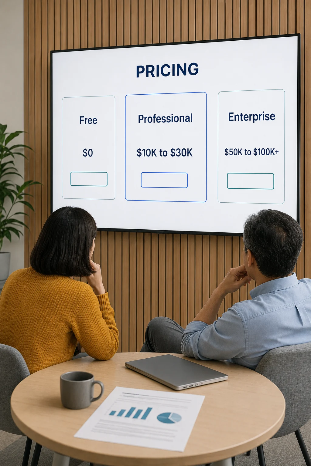 Two people reviewing a pricing page that publishes all three tiers and their figures on the page