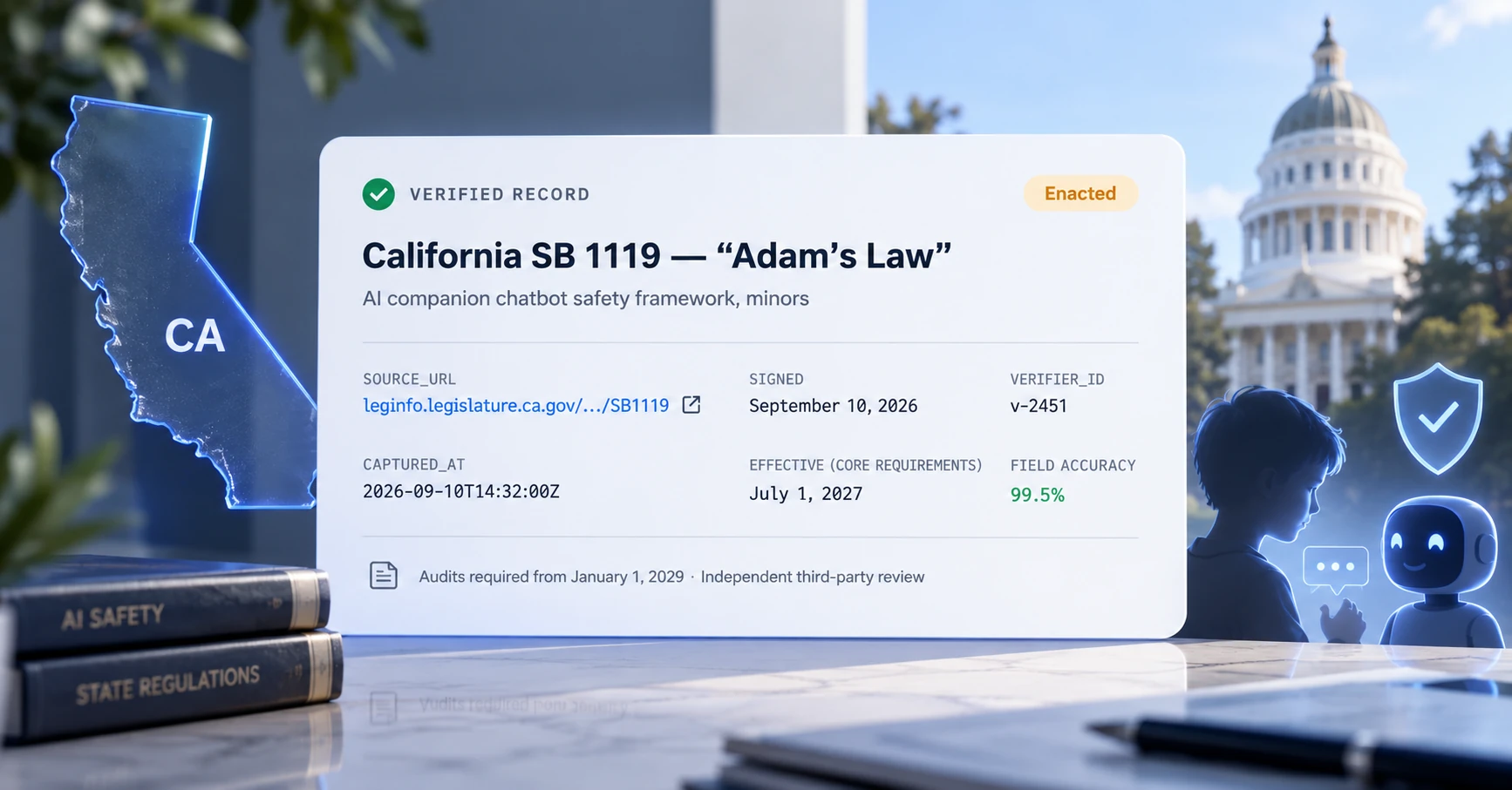 A verified record card for California SB 1119 "Adam's Law," with the state capitol building and a child speaking with an AI chatbot in the background, showing source URL, capture timestamp, verifier ID, and field accuracy fields.